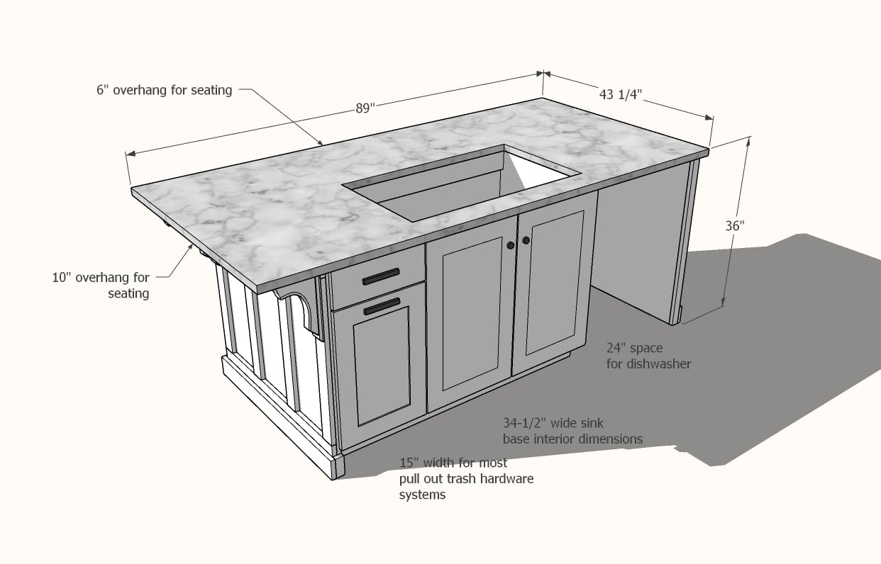 kitchen island with sink and dishwasher and seating dimensions